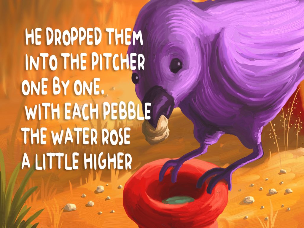 Crow dropping pebbles into pitcher